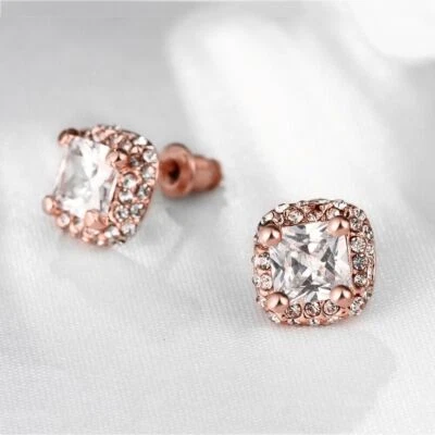 Pendientes de moda para mujer rellenos de oro rosa AAA CZ forma cuadrada #DE17 Foto 1 de 4