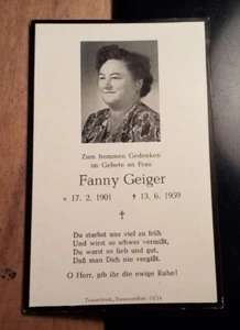 Fanny Geiger - 17.2. 1901 - 13.6. 1959 / Totenzettel mit Foto - Picture 1 of 2
