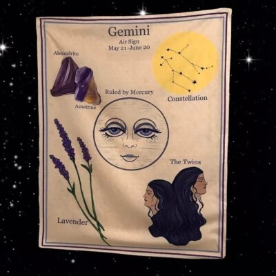 Bandera Tapiz Géminis - Horóscopo, Signo del Zodiaco - Signo de Aire, Púrpura, Gemelos, Místico Foto 1 de 3