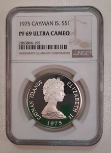 1975 CAYMAN ISLANDS, SILVER 5 DOLLAR -- NGC PF 69 ULTRA CAMEO TOP POP - Picture 1 of 2