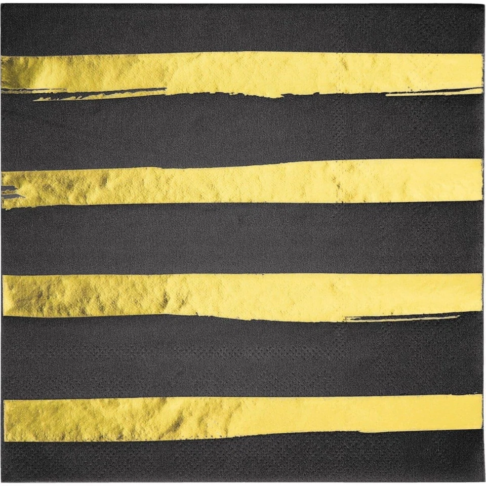 Creative Converting 329934 Black and Gold Foil Striped Napkins, 6.5" - Image 1 of 1