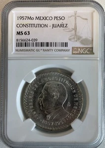 1957 Mo Mexico 1 Peso - Centario Constitution Juarez - NGC MS63 - Rare Coin - Picture 1 of 2