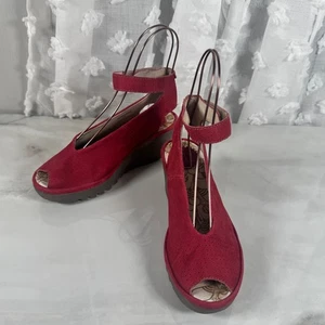 Fly London perforierte rote Leder Wedges Sandalen Fesselriemchen Peeptoe 37 - Bild 1 von 11