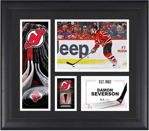 Damon Severson NJ Devils Framed 15x17 Collage & Piece of GU Puck Cover