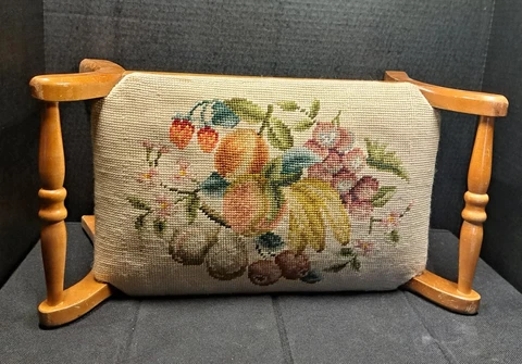 Handmade Fruit Needlepoint Footstool / Prayer Bench with Carved Wooden Handles Cover