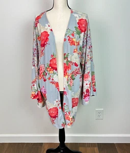 Figueroa & Flower Damen Blumen Kimono Boho Glockenärmel grau rot Gr. XL - Bild 1 von 7