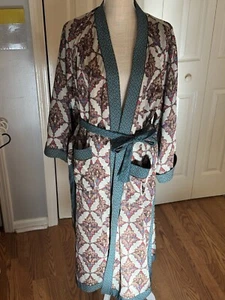 H&M Luxury Teal Geometric Print Lined Belted Robe Boho Sleepwear Kimono Long - Picture 1 of 10