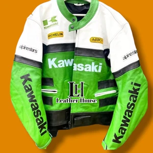 Men Kawasaki Leather Jacket Vintage Rarer Racing Motorcycle Biker Leather Jacket - Picture 1 of 3