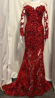 Red Floral Flowy Beaded Gown Sz S/XS Costume Cosplay Fantasy Whimsigoth Elegant - Image 1 of 4