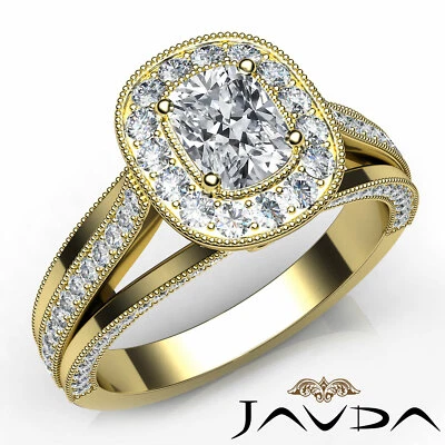 Anillo de compromiso Milgrain de diamantes con cojín bisel pavé de tres vástagos GIA G VVS2 1,4 quilates Foto 1 de 4