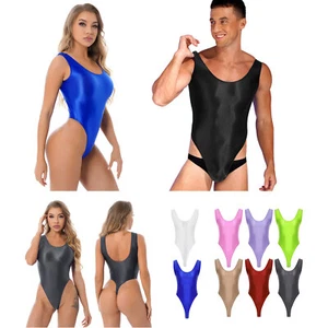 Women Men's Sexy Glossy Bodysuit One-Piece Backless Mankini Swimsuit Leotard - Picture 1 of 4