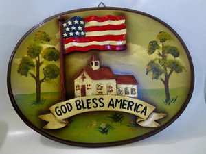 God Bless America 3D handbemalt 16" Schild Plakette Flagge 4. Juli Volkskunst - Bild 1 von 11