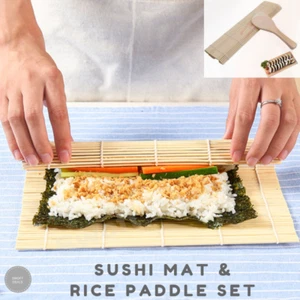 Bamboo Sushi Roller Mat & Rice Paddle Set, Asian Cooking Kitchen Roll Tools - Picture 1 of 7
