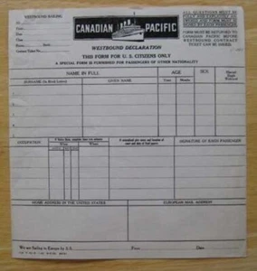 CANADIAN PACIFIC - 1930 Immigration Form - Picture 1 of 1