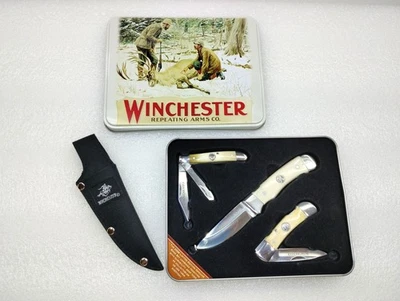 Juego de 3 cuchillos Winchester de colección 2008 hueso jigged genuino sin usar con funda Foto 1 de 4