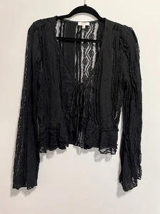 PEACH Vintage Full Lace Black Long Sleeve Tie Front Cardigan Blouse Sz M EUC - Picture 1 of 6