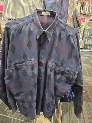 VTG Gianni Versace Shirt Mens Large 50 Gray Purple Diamond Italy Cotton 80s RARE - Image 1 of 4
