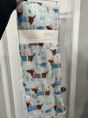 Dachshund holiday Christmas blanket light blue and pink NWT - Image 1 of 3