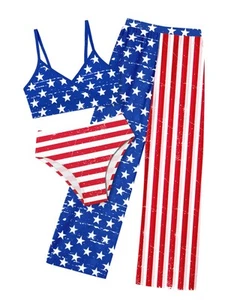 Girls Swimsuit Bathing Suits for Teens 3 Piece American Flag V Neck Bikini Se... - Picture 1 of 6