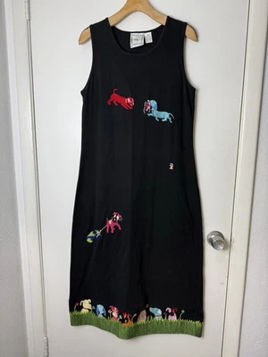 Michael Simon black dog embroidered sleeveless midi dress. M - Image 1 of 4