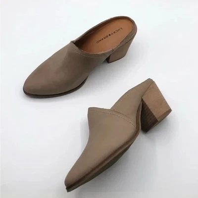 Mules Lucky Brand Taupe Caqui Cuero Tacón Bloque Mujer’s Talla 6.5 Foto 1 de 4