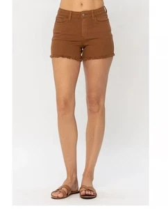Judy Blue Whiskey Brown Dyed Denim Shorts Raw Hem 5 Pocket Women’s Size Large - Picture 1 of 13