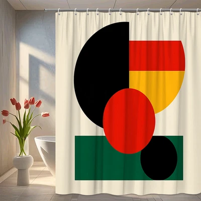 Cortina de Ducha Geométrica - Diseño Moderno Negro, Rojo, Verde, Amarillo Foto 1 de 4