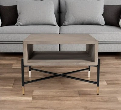 25" Gray and Black Concrete And Metal Square Coffee Table With Shelf - Image 1 of 4