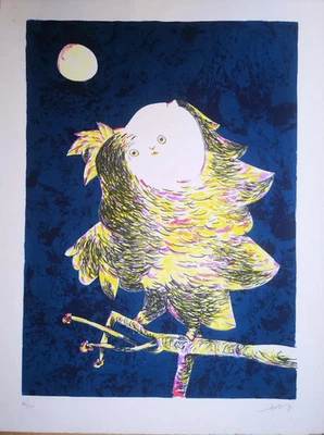Gianni Dova litografia raffigurante un gufo, a sfondo notturno.63x48 cm - Immagine 1 di 4
