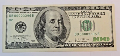 US $100 BILL FANCY SERIAL # LOW SERIAL NUMBER 00003396, SUM 21, MULTIPLE OF 3 - Image 1 of 4