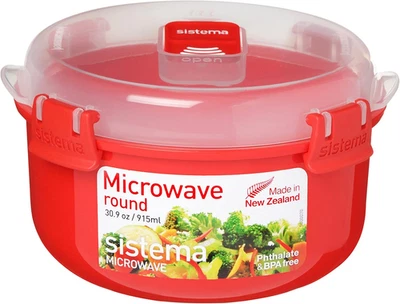 Sistema Microondas Tazón Redondo 915ml - Libre de BPA, Ventilación de Vapor, Rojo/Claro Foto 1 de 4