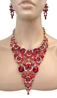 Luxurious Classic Red Crystal Wedding Guest Pageant Bib Necklace Earrings Set - Image 1 of 4