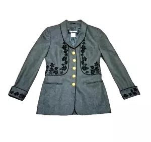 Vtg LOUIS FERAUD Gray Wool Cashmere Blend Jacket Sz 10 Black Trim Gold Buttons - Picture 1 of 11