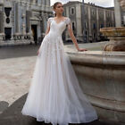 Elegant A-line Simple Wedding Dresses Deep V Neck Short Sleeve Lace Applique New