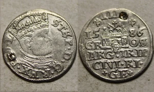 Poland Lithuania Stephan Bathory 1586 AD Rare Genuine Silver 3 groso Coin trojak - Picture 1 of 5
