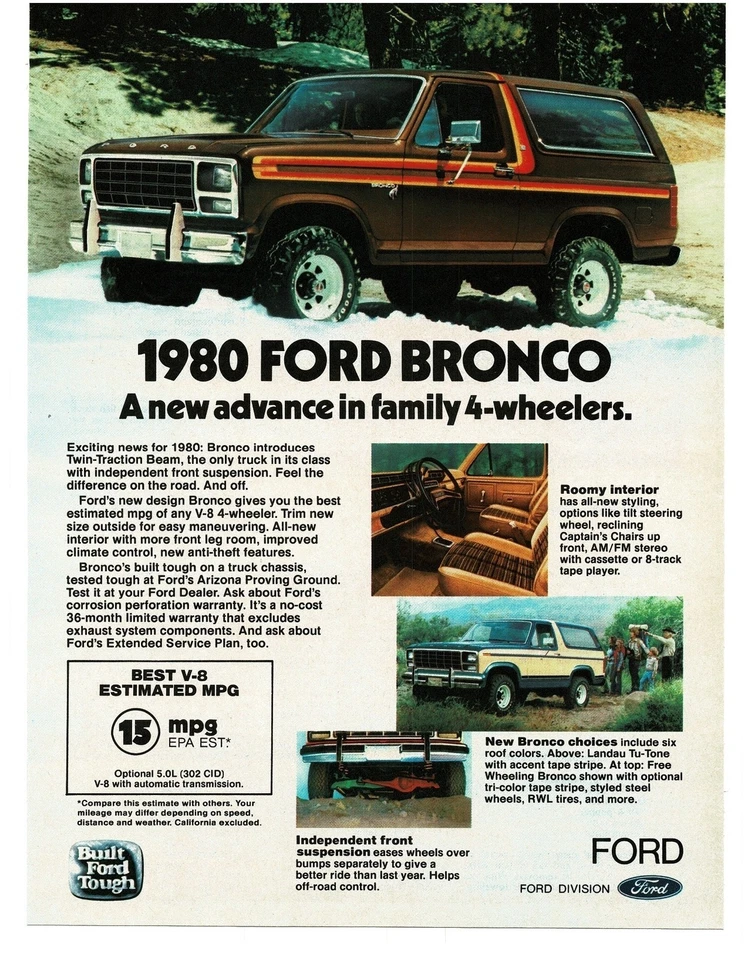 1980 Ford BRONCO коричневый 4wd 4 x 4 винтажная реклама  - Изображение 1 из 1