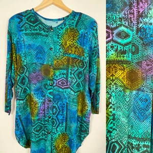 Vtg 80s SACRED GEOMETRY Draped Blouse Rayon Hippie Festival Aztec Print New Age - Picture 1 of 12