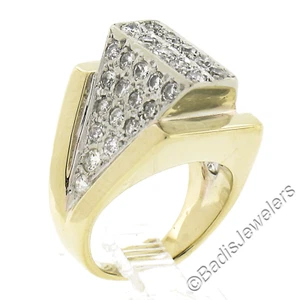 14K Two Tone Gold 1.5ctw Diamond Pyramid High Profile Wide 15.6mm Cocktail Ring - Picture 1 of 9