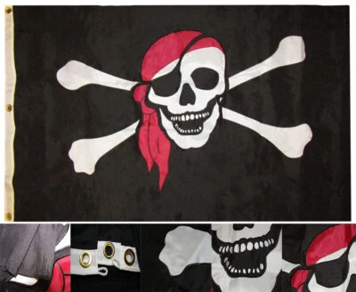 3x5 Embroidered Pirate Red Hat 600D 2Ply Nylon 3'x5' Flag 3 Grommets & Rope - Image 1 of 4