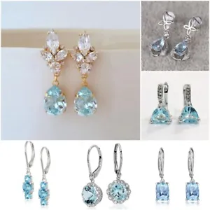 925 Silver Women Aquamarine Cubic Zirconia Drop Earrings Wedding Jewelry Gifts - Picture 1 of 26