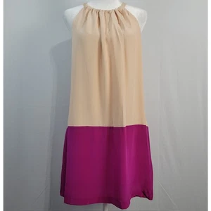 Amour Vert Seide ärmellos hochgeschlossen Mini Etuikleid Gr. L rosa Colorblock USA - Bild 1 von 8