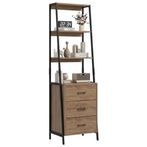 Industrial Ladder Bookshelf with 3 Fabric Storage Drawers, 4-Tier Bookcase, D... - Picture 1 of 8