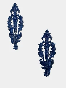 Par de apliques de pared rococó franceses vintage candelabros de madera azul ornamentado - Imagen 1 de 10