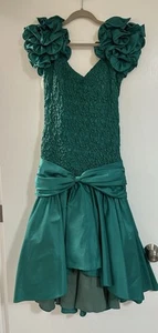 Vintage 1980s Betsy & Adam Party Prom Turquoise Satin Ruffle Dress Size Small - Picture 1 of 9