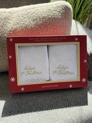 NEW Pottery Barn Kids Baby’s First Christmas Bib & Burp Cloth Set 100% Cotton - Image 1 of 4