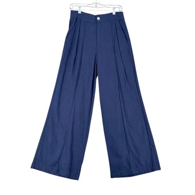 Christian Siriano Нью-Йорк широкие ноги плиссированные брюки темно-синий льняной смеси женщин размер 4 - Изображение 1 из 4