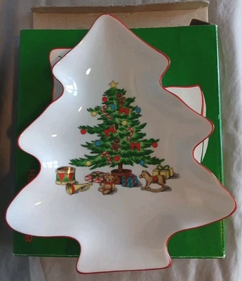 复古 Shibata 日本圣诞树盘 8.5 英寸高瓷制假日盘 — 第 1/4 张图片