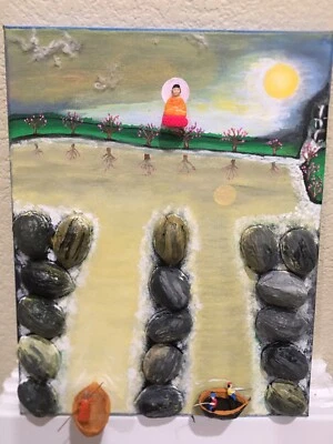 Pintura Acrílica Lienzo Nogal Shell Arcilla Figura Camino a Buda Nuevo Original  Foto 1 de 4