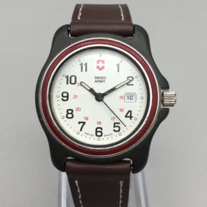 Vtg Swiss Army Watch Unisex 34mm Black Red Enamel Bezel Leather Band New Battery - Picture 1 of 16
