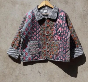 Indische graue gesteppte Patchworkjacke Handarbeit Baumwolljacke Damenbekleidung USA - Bild 1 von 4